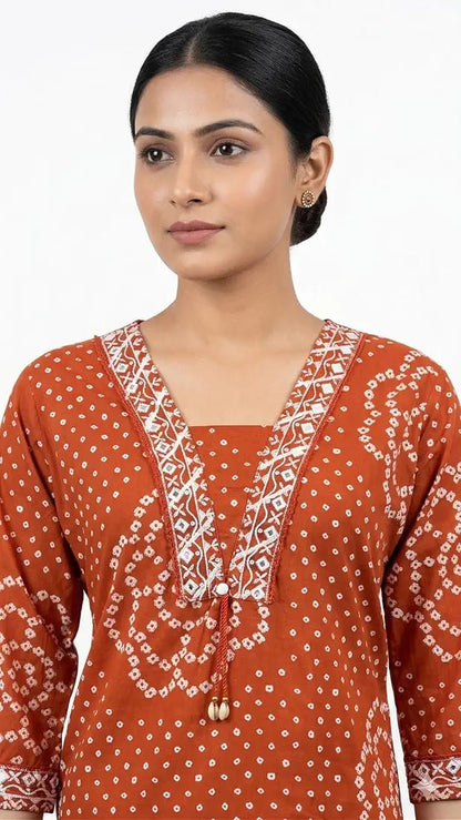 Rust Orange Muslin Embroidered & Digital Print Kurta Pant Dupatta Set