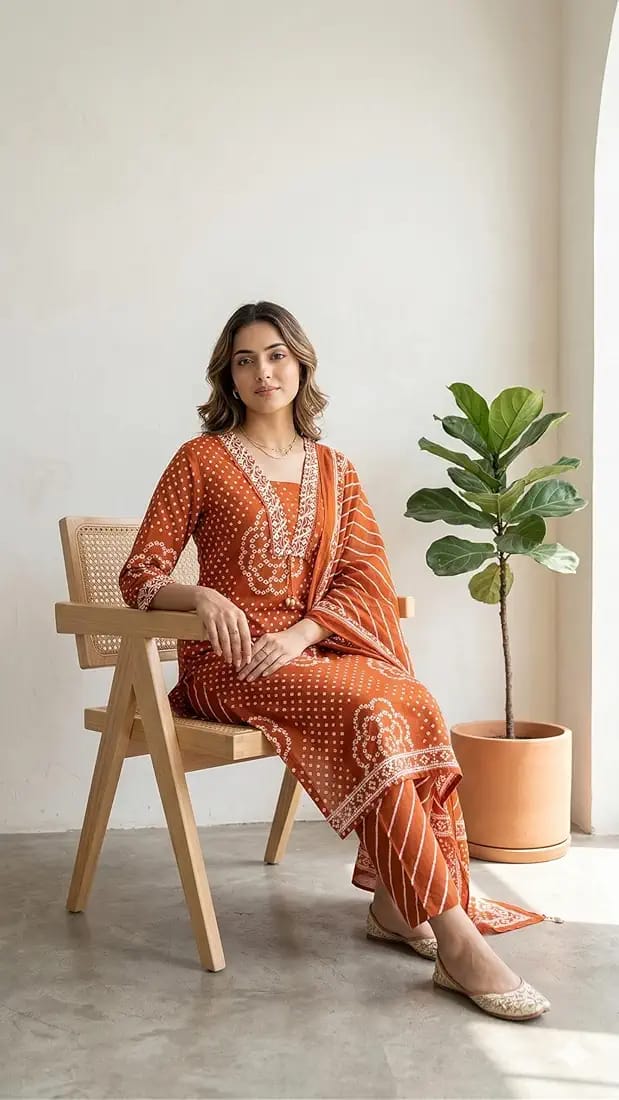 Rust Orange Muslin Embroidered & Digital Print Kurta Pant Dupatta Set