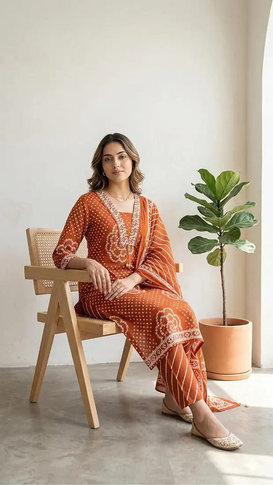 Rust Orange Muslin Embroidered & Digital Print Kurta Pant Dupatta Set