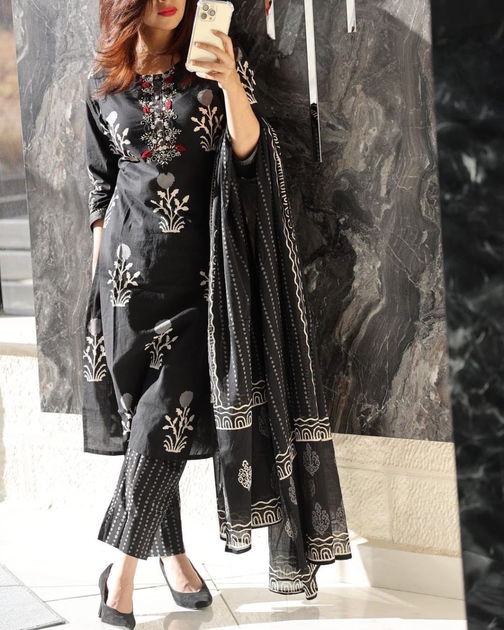 Black Muslin Embroidered & Digital Print Kurta Pant Dupatta Set