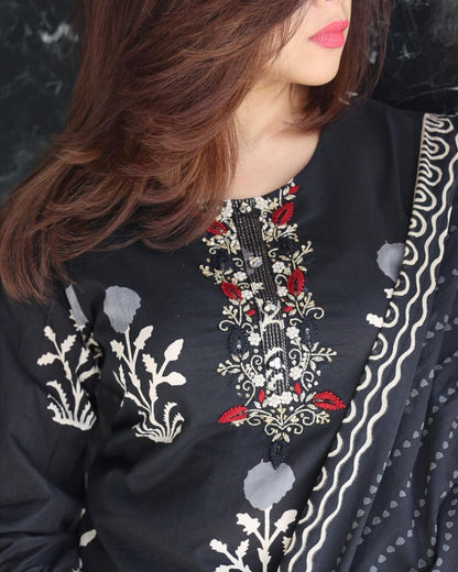 Blue Muslin Embroidered & Digital Print Kurta Set with Dupatta