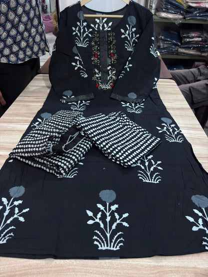 Blue Muslin Embroidered & Digital Print Kurta Set with Dupatta