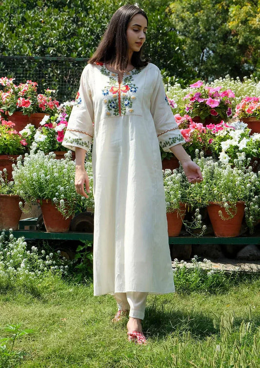 Soch Off White Embroidered Cotton Kurta and Pant Set