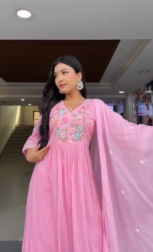 Light Pink Premium A-Line Kurti Pant Dupatta Set