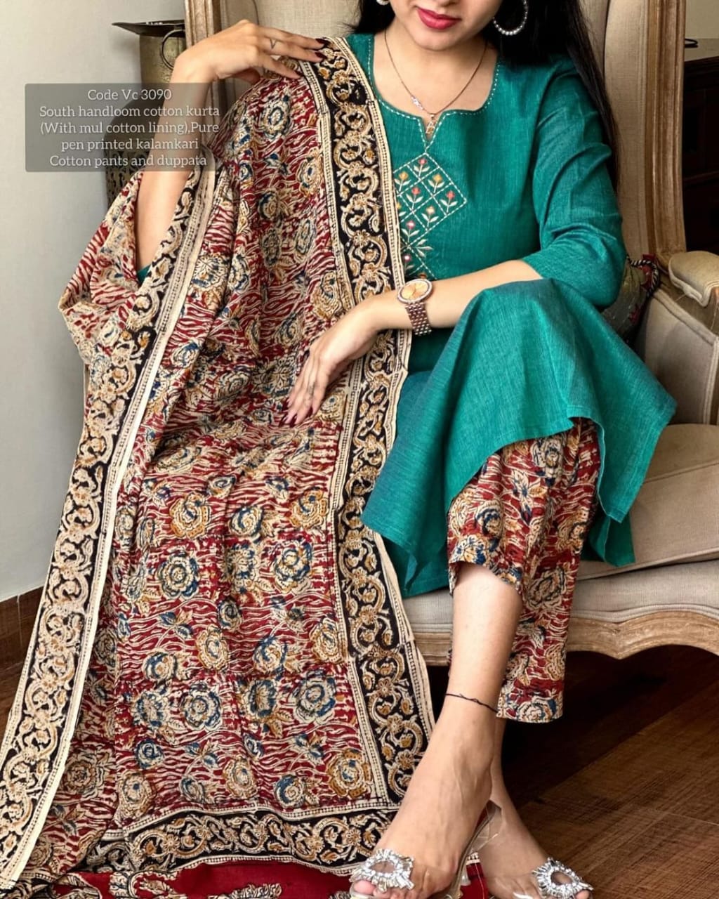 Soch Pure Handloom South Cotton Hand Printed Chitrkari Dupatta And Pant