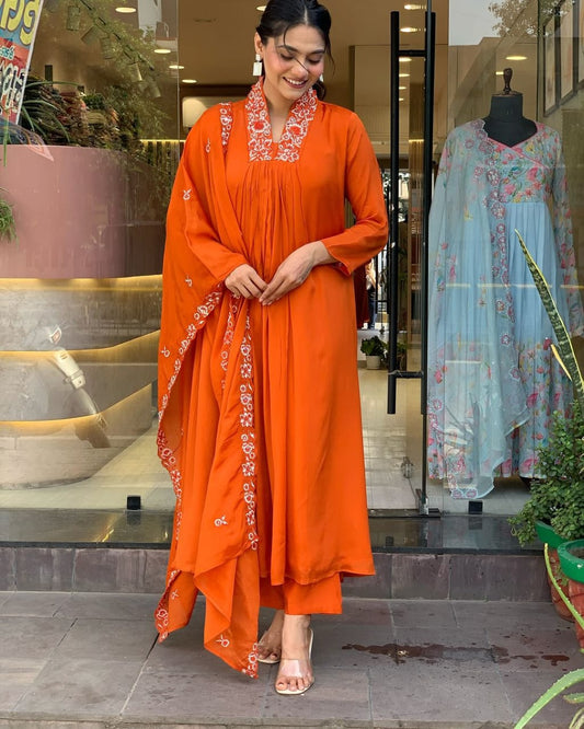 Soch Beautiful Cotton Fabric Kurti Pant With Malmal Dupatta(ORANGE)