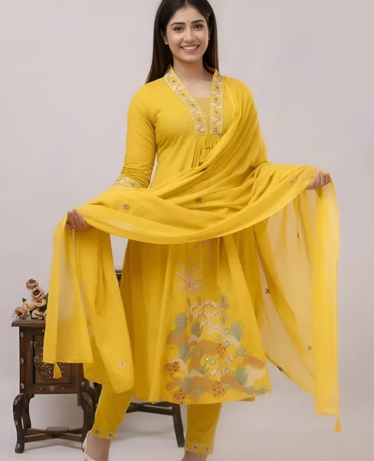 Soch Women Yellow NRI Embroidery Cotton Kurta Pant and Dupatta set