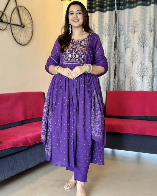 Soch Women's Embroidered printed rayyon kurta & pant with malmal dupatta set