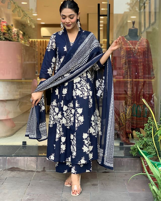 Soch Women Cotton Blue Kurta Pant and Dupatta set