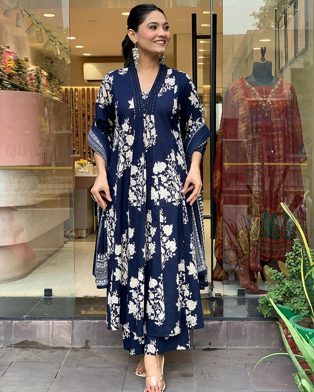 Soch Women Cotton Blue Kurta Pant and Dupatta set