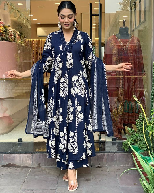 Soch Women Cotton Blue Kurta Pant and Dupatta set