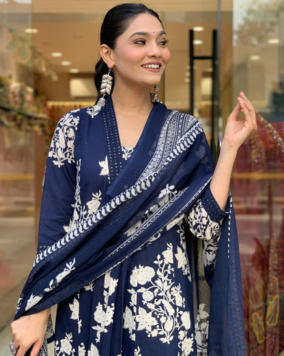 Soch Women Cotton Blue Kurta Pant and Dupatta set