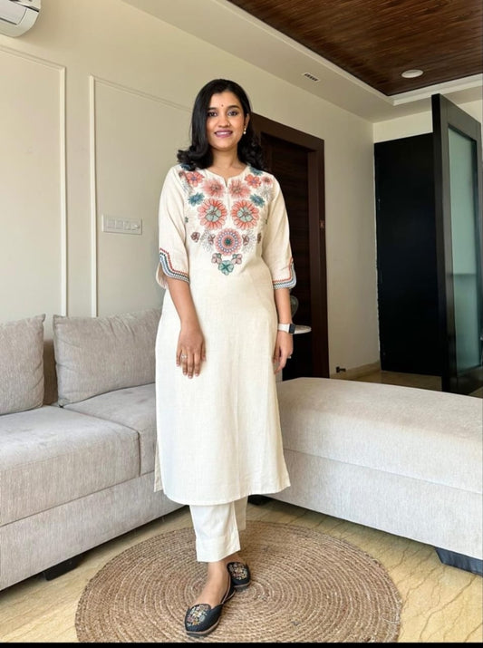 Soch Off White Embroidered Cotton Flex Kurta and Pant Set