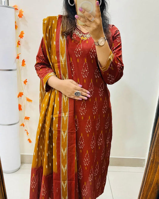 Soch Ikkat Print with Kurti pant & dupatta set For Women