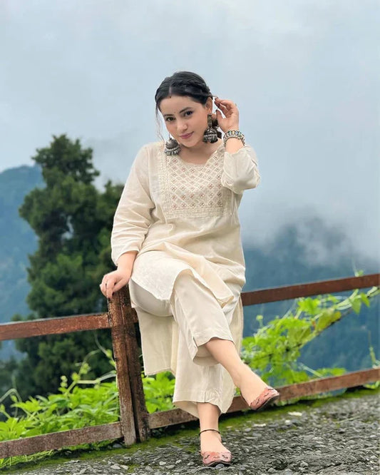 Soch Off White Embroidered Cotton Kurta and Pant Set