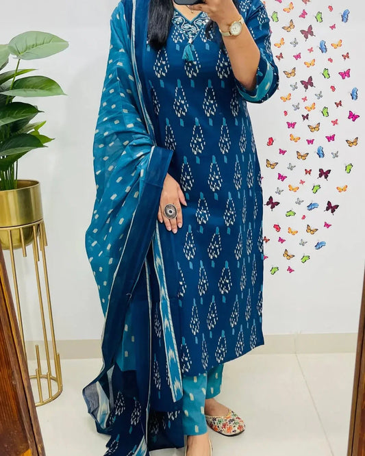Soch Ikkat Print with Kurti pant & dupatta set For Women( blue )