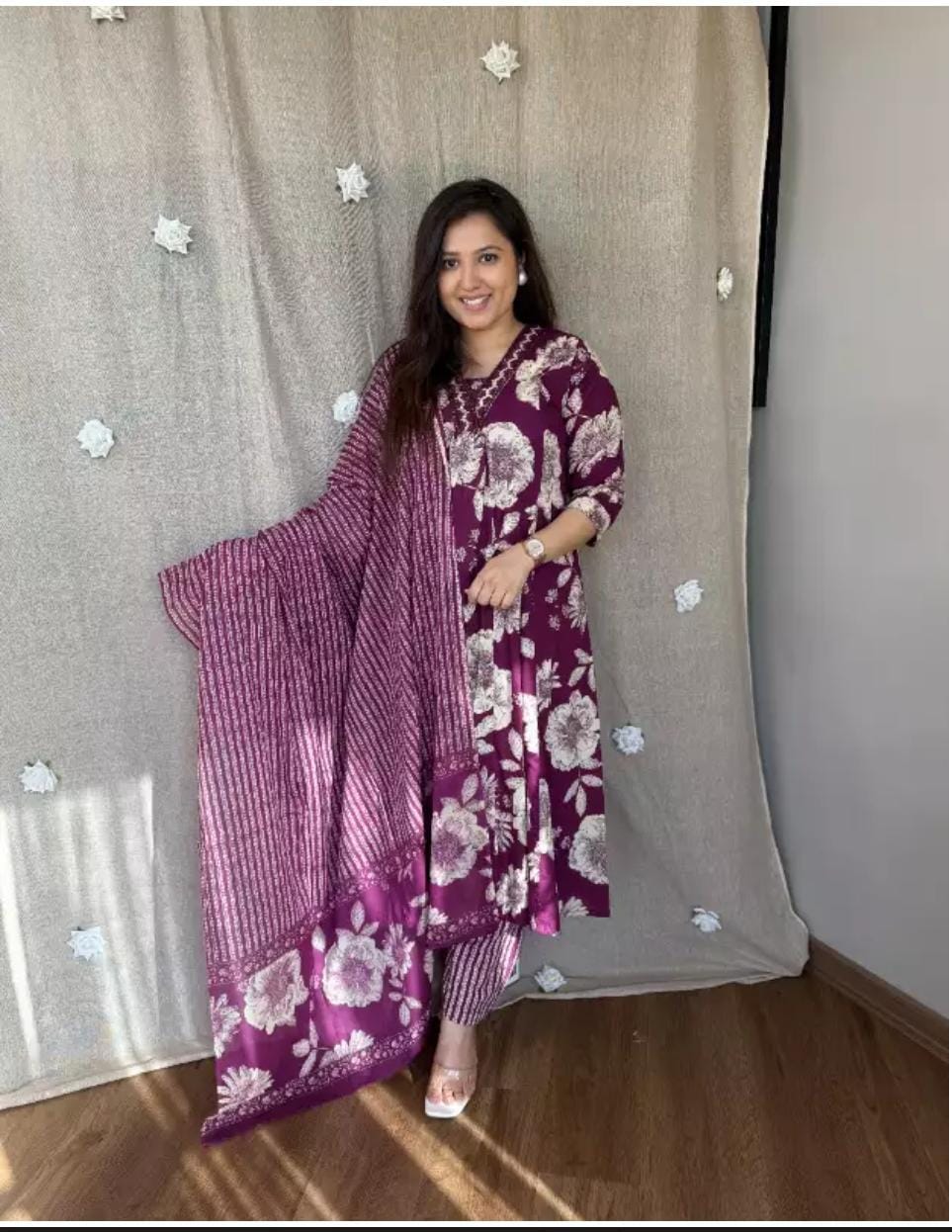 Soch Printed Cotton Anarkali Kurti With Plazo And Mulmul Dupatta