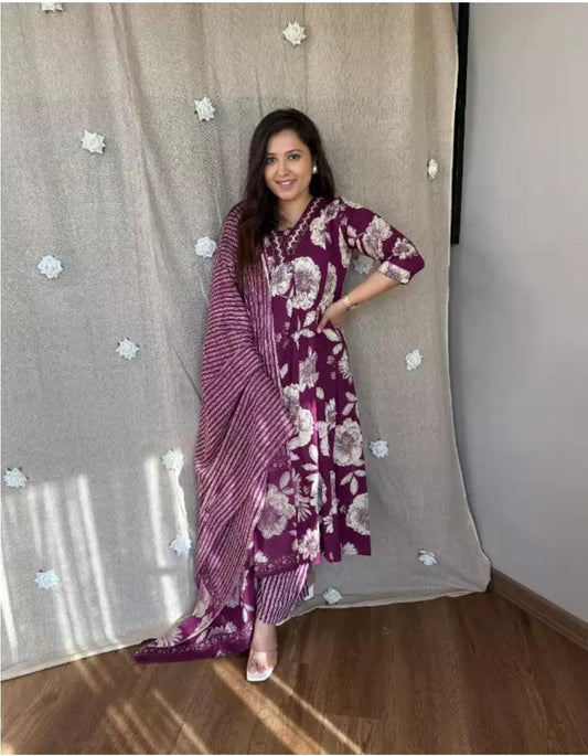Soch Printed Cotton Anarkali Kurti With Plazo And Mulmul Dupatta
