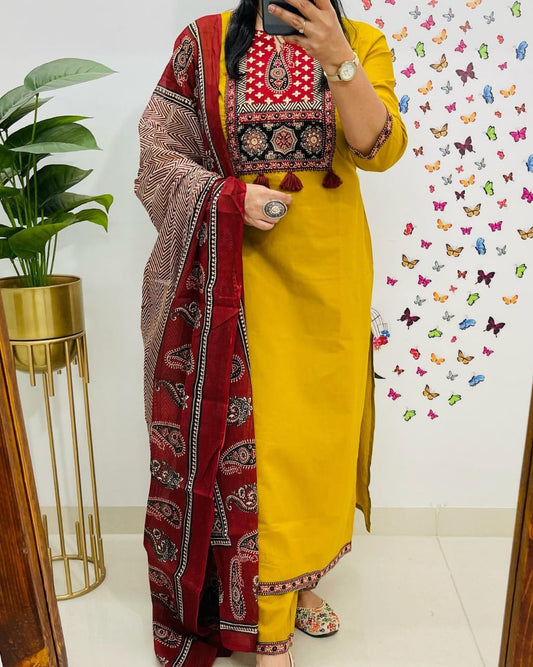 Soch Traditional Mustard Yellow Kurta Set with Ajrak Dupatta