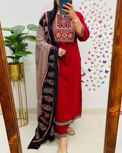 Soch Traditional Red Kurta Set with Ajrak Dupatta