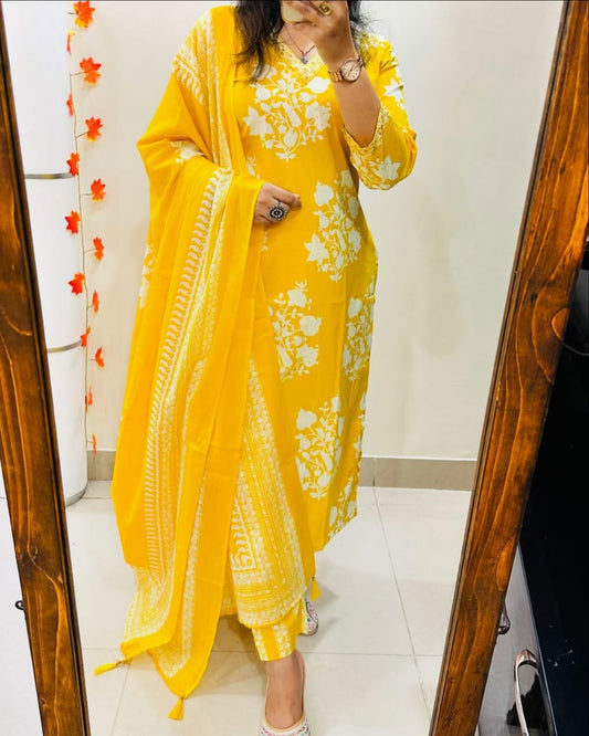 Soch Radiant Yellow Ethnic Ensemble with White Floral Embroidery