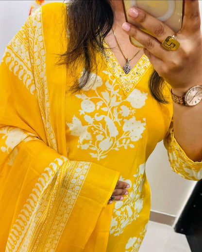Soch Radiant Yellow Ethnic Ensemble with White Floral Embroidery