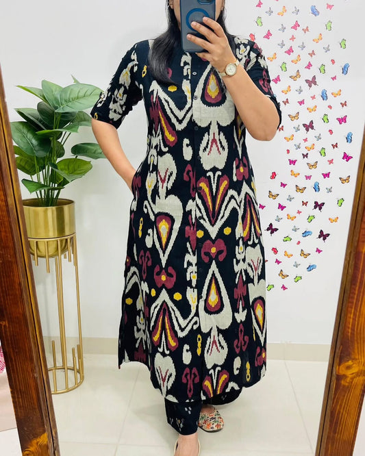 Soch Contemporary Ikat-Printed Black Cotton Kurta Set