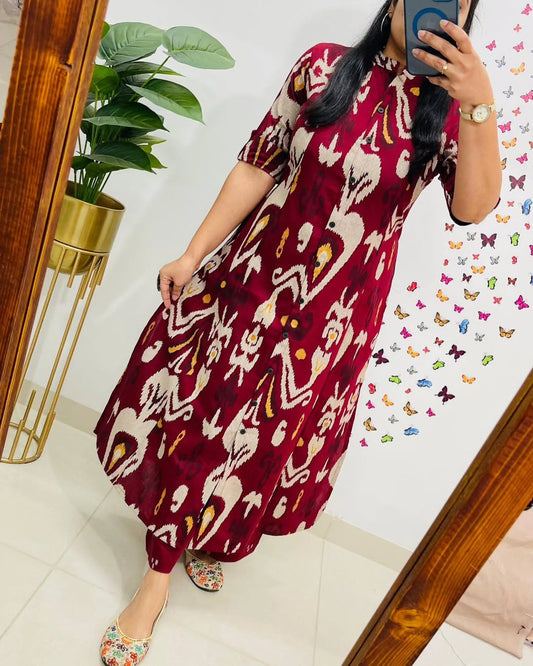 Soch Stylish Maroon Ikat Printed Cotton Kurta Set
