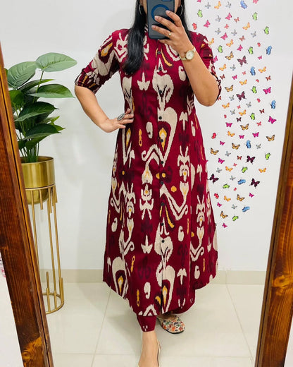 Soch Stylish Maroon Ikat Printed Cotton Kurta Set