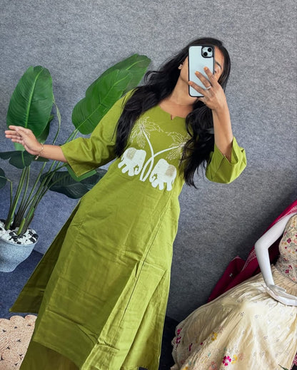 Soch Fresh Olive Green Kurta with Elephant Embroidery