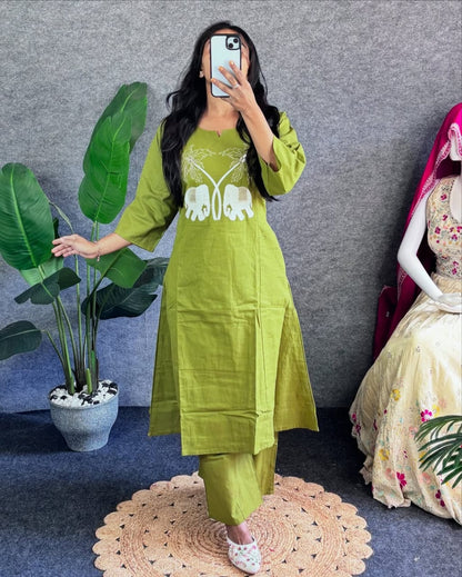 Soch Fresh Olive Green Kurta with Elephant Embroidery