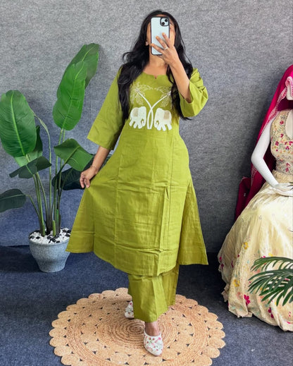 Soch Fresh Olive Green Kurta with Elephant Embroidery