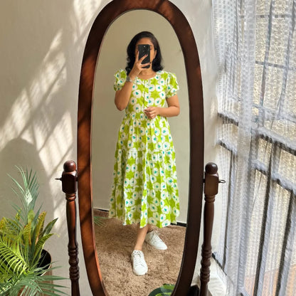 Soch Fresh Lime Green Floral Puff-Sleeve Midi Dress