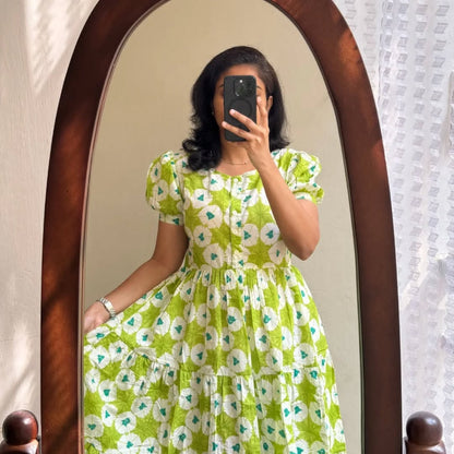 Soch Fresh Lime Green Floral Puff-Sleeve Midi Dress