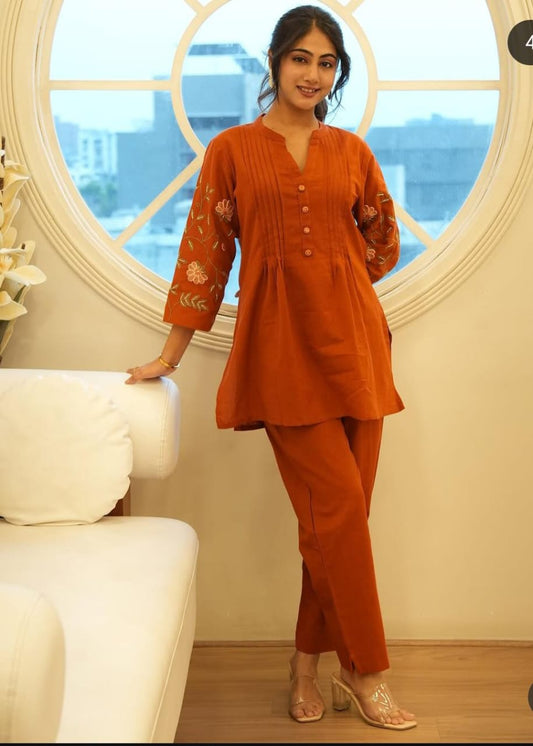 Soch Elegant Rust Orange Embroidered Cotton Co-Ord Set
