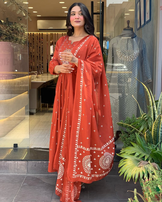 Soch Vibrant Rust Anarkali Suit with Embroidered Dupatta