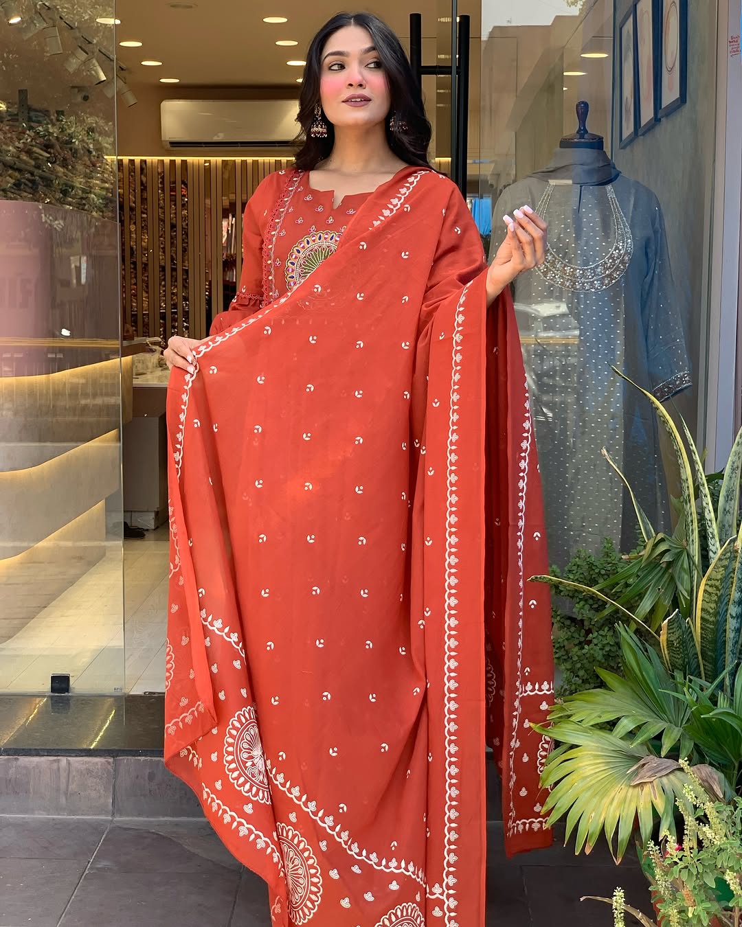 Soch Vibrant Rust Anarkali Suit with Embroidered Dupatta