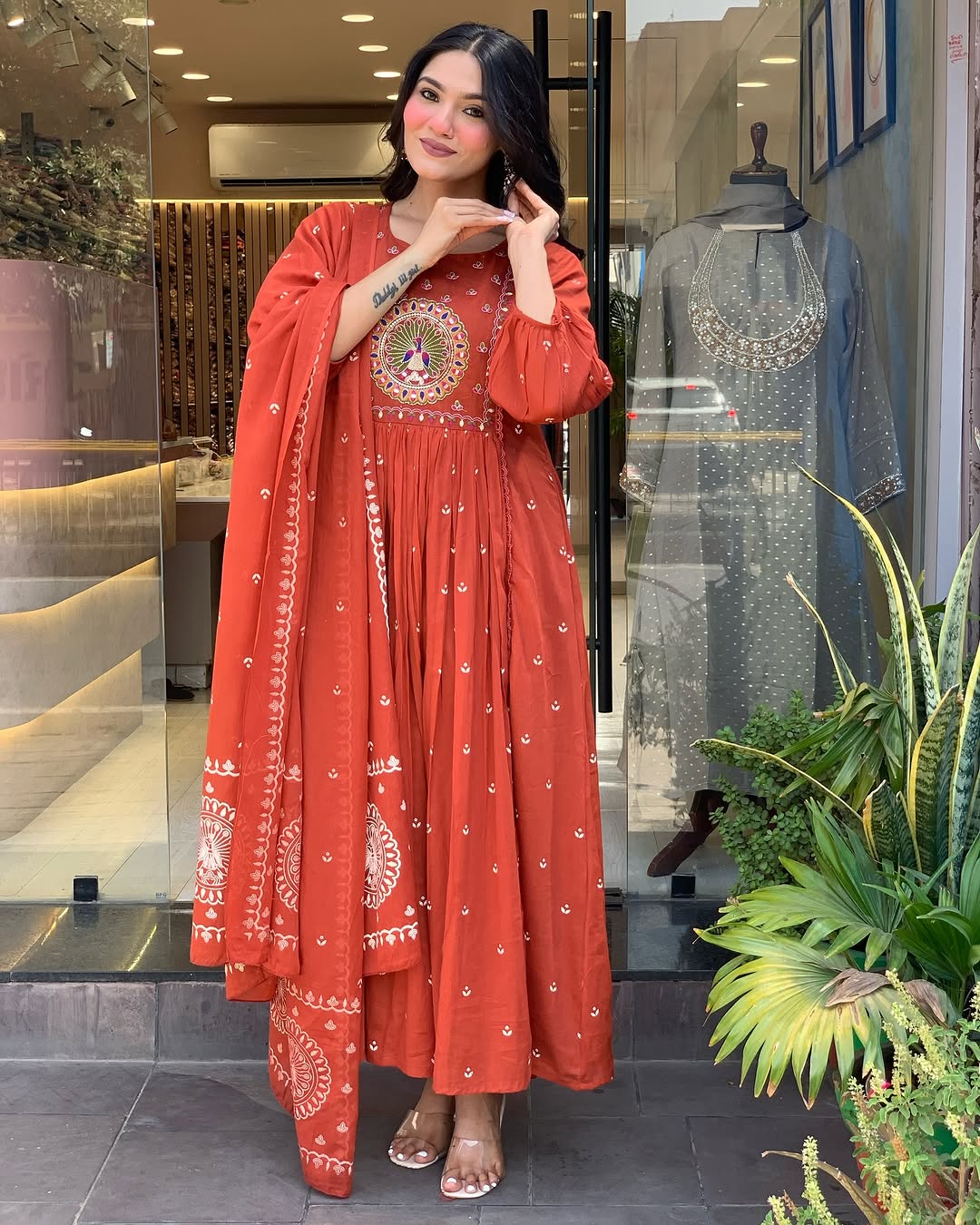 Soch Vibrant Rust Anarkali Suit with Embroidered Dupatta