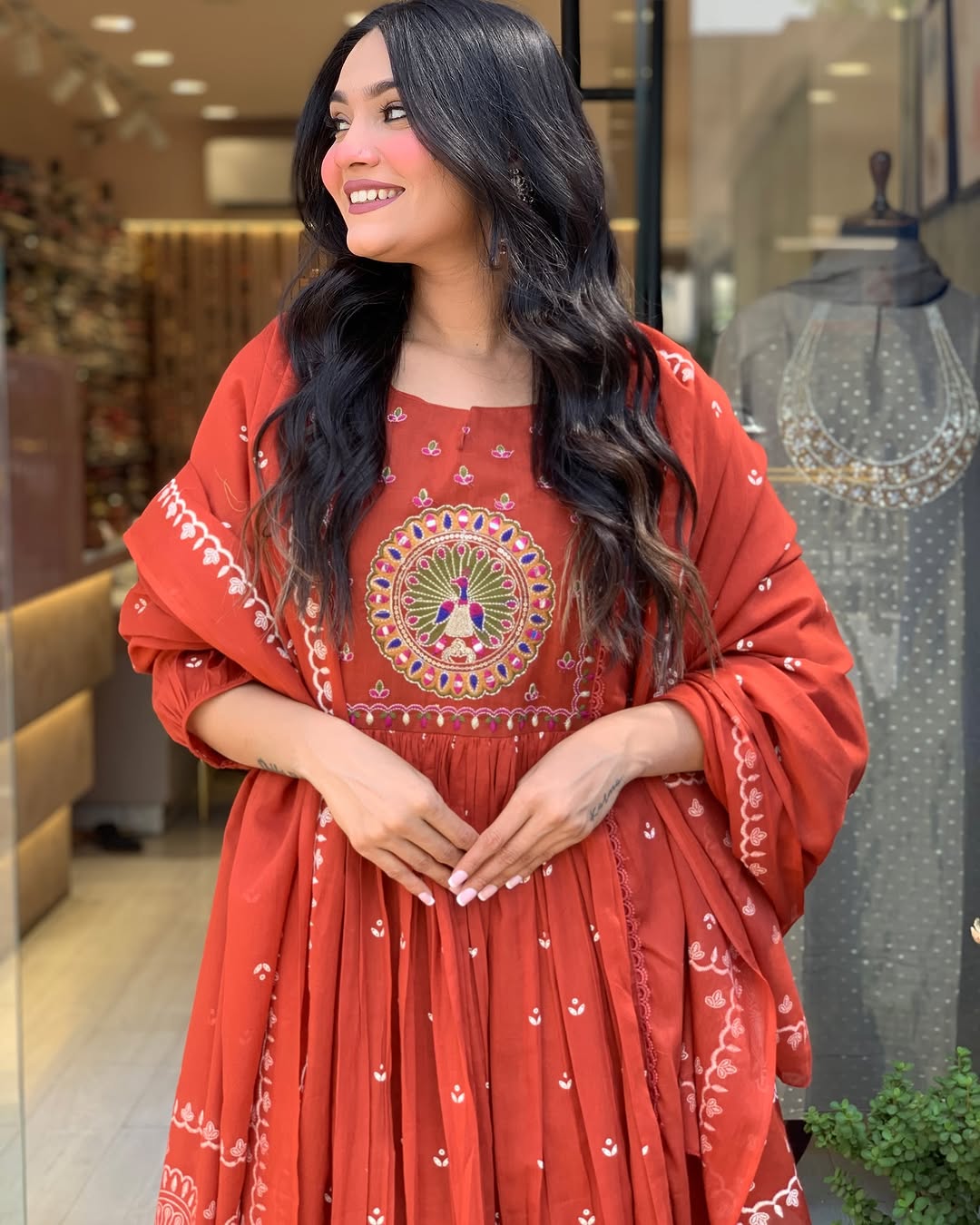 Soch Vibrant Rust Anarkali Suit with Embroidered Dupatta