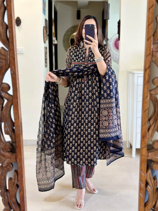 Elegant Hand-Block Printed Pure Cotton Suit Set with Dupatta