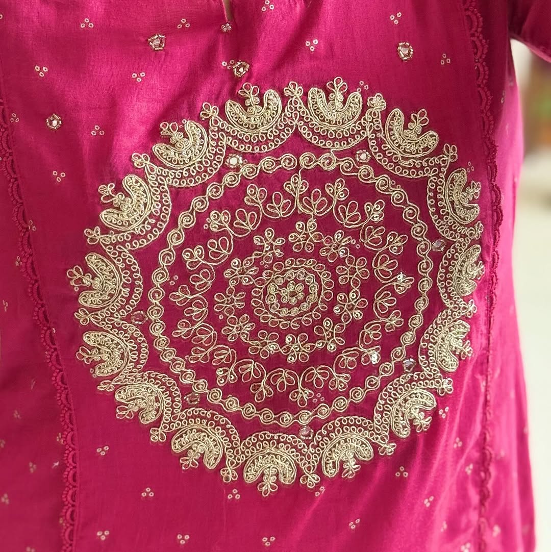 Pink Elegant A-Line Kurti with Embroidery & Dupatta