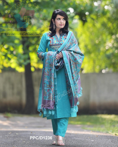 Handloom Embroidered Kurta Pant Set with Khadi Silk Kantha Print