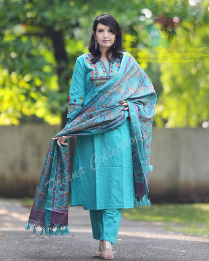 Handloom Embroidered Kurta Pant Set with Khadi Silk Kantha Print