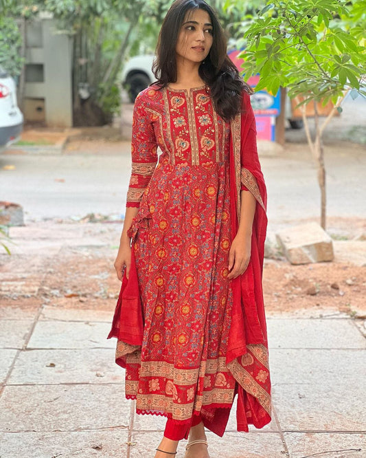 Women’s Designer Cotton Anarkali Kurta Set with Embroidered Kurta, Pant & Dupatta