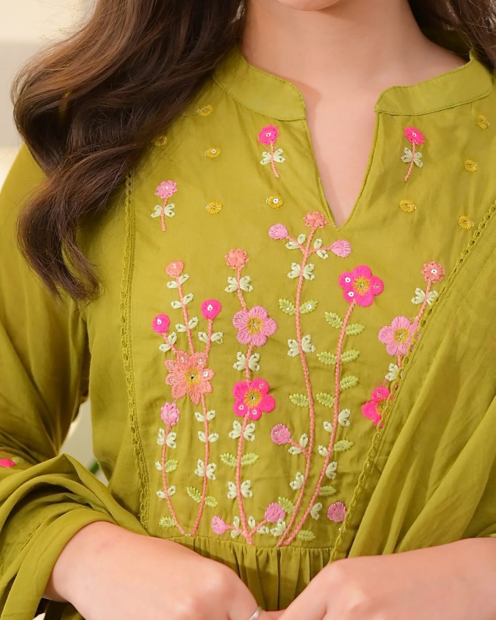 Olive Garden Threadwork A Line Mul Cotton Suit