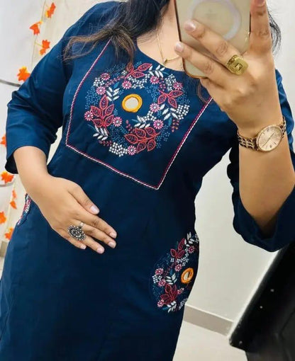Navy Blue Embroidered Straight Kurta Set with Pants for Women