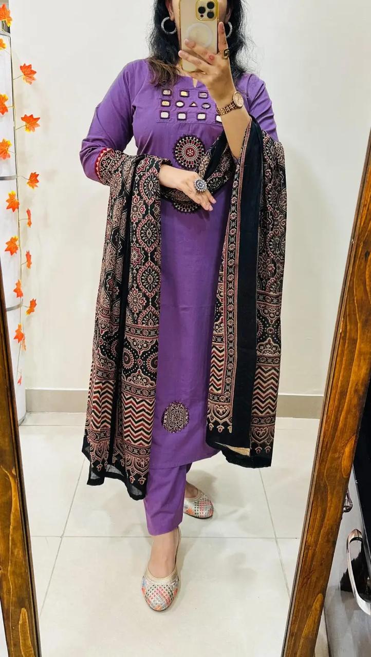 Purple Kurta Pant Set with Printed Dupatta for Women | Festive Ethnic Suit Set