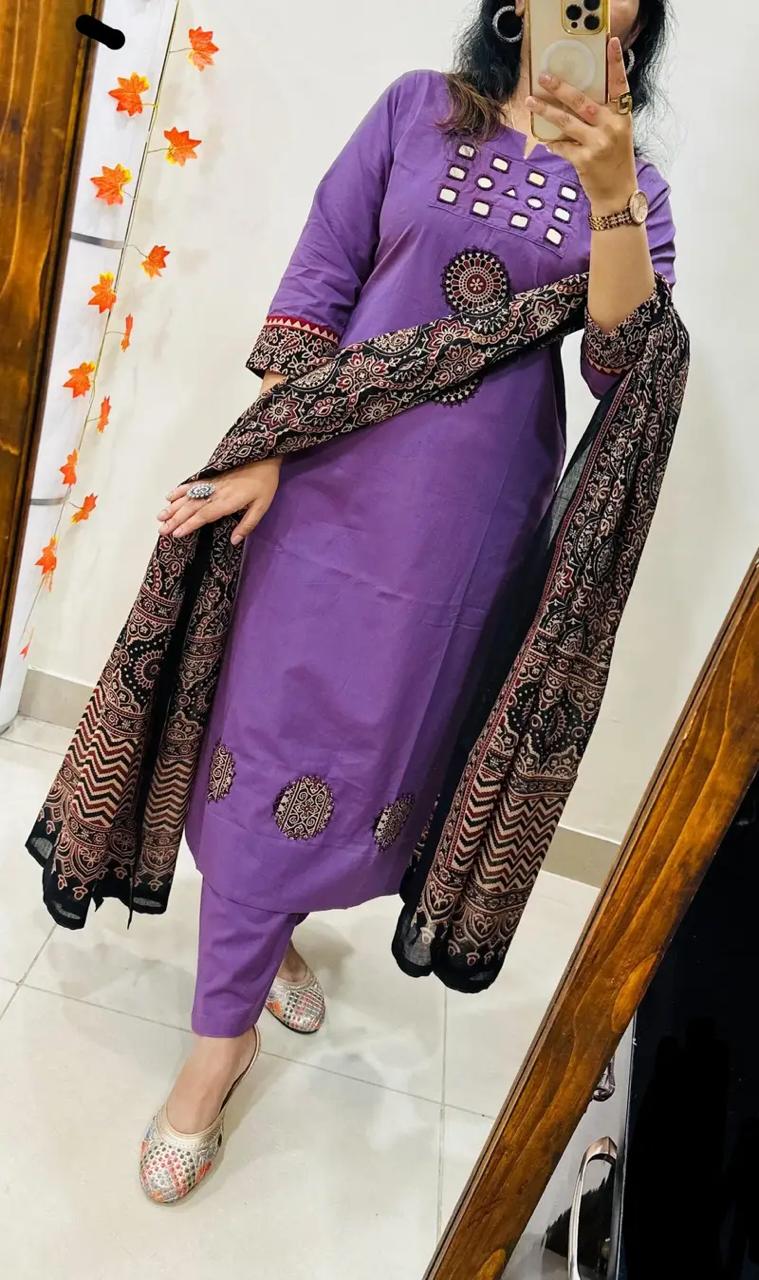 Purple Kurta Pant Set with Printed Dupatta for Women | Festive Ethnic Suit Set