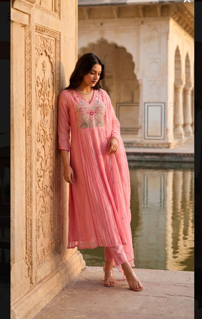Premium Mul Chanderi Anarkali Suit Set in Pink with Zari Detailing & Dupatta