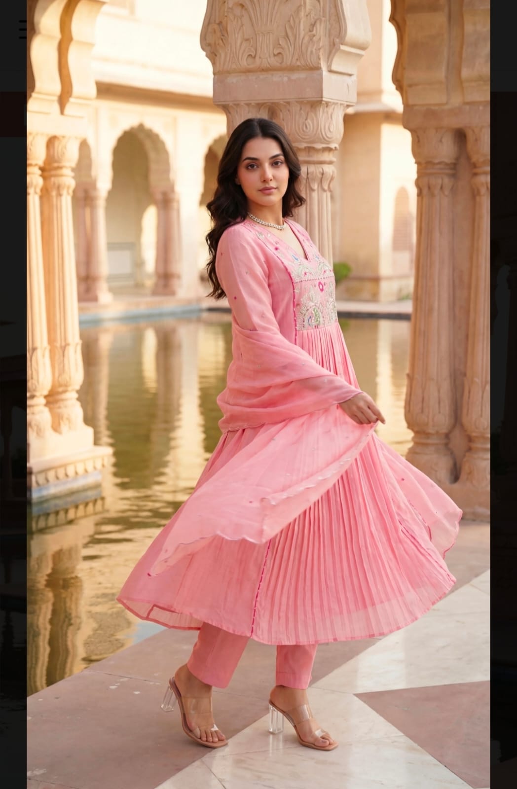 Premium Mul Chanderi Anarkali Suit Set in Pink with Zari Detailing & Dupatta